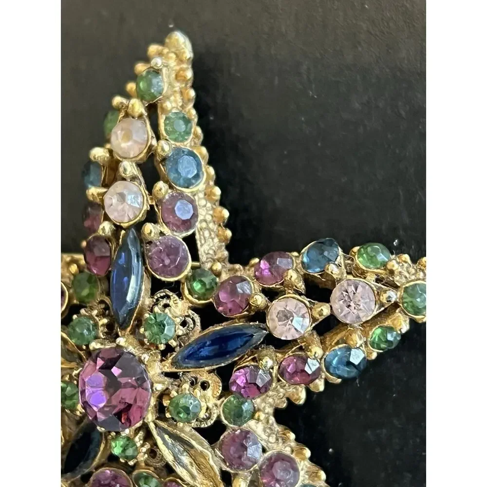 Vintage Signed FLORENZA Starfish Brooch Purple Blue Green MISSING 2 STONES